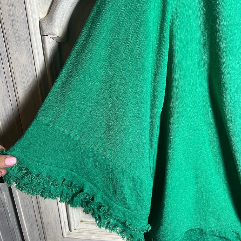 Boho Chic Green Collared Fringe Bell Sleeve Button Up Blouse Relaxed - Picture 2 of 6